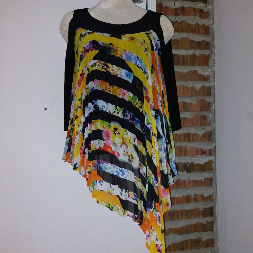 Joseph Ribkoff Asymmetric Pleated Floral Tunic Cold Shoulder Size 10